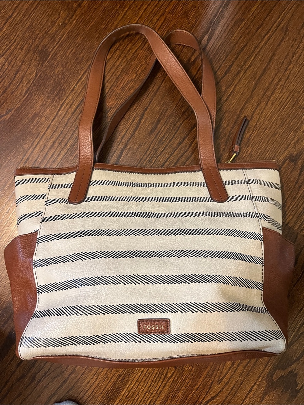 Fossil Cream and Brown Striped Canvas Tote